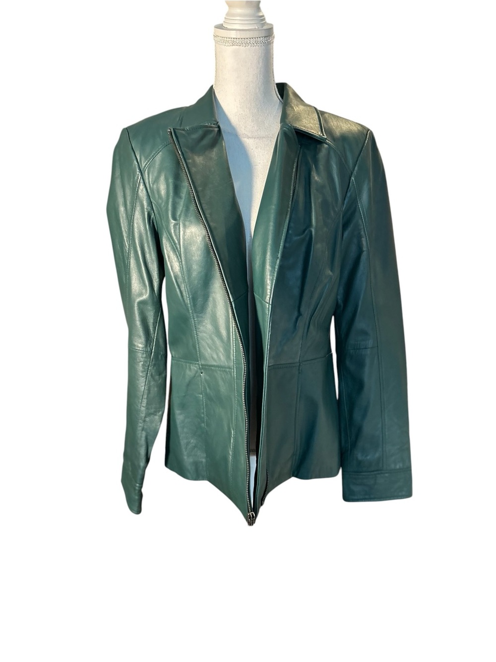 Women's Teal Leather Zip-Front Jacket - Sleek Fitted Style - Picture 2 of 9